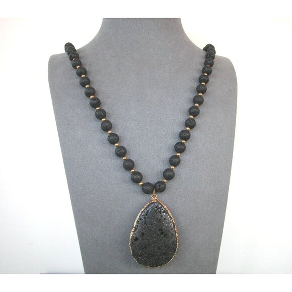 Black Lava Rock Necklace With Gold Trimmed Teardrop Pendant 30" - Picture 1 of 3